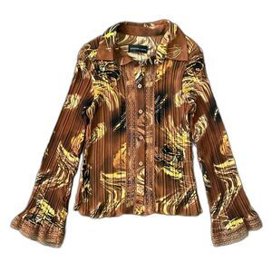 Vtg Jennifer Lloyd Pleated Ruffle Lace Button Up Collared Brown Abstract Shirt M